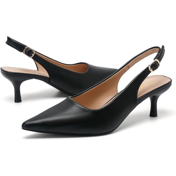 Amoji Women Black-pu Polyurethane Low Kitten Heel Slingback Pointed Toe Sandals - Picture 5 of 6